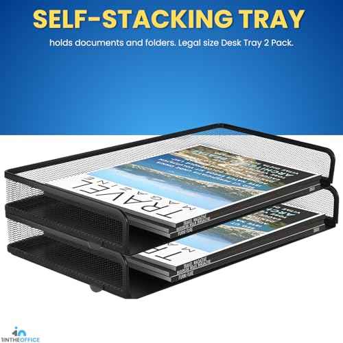 1InTheOffice Side Load Letter Tray Stackable, Black Mesh Tray Legal Size, "2 Pack"