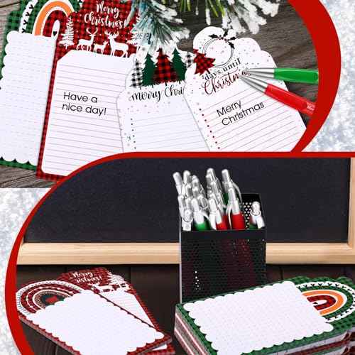 Zhanmai 96 Pcs Christmas Sticky Notes with Ballpoint Pens and Ribbons Christmas Themed Gifts Cute Plaid Design Die Cut Memo Note Pad Red Green Ballpoint Pen for School Office Home Present