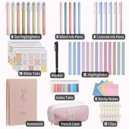 Bible Study Supplies, Bible Journaling Kit for Women with Journal, Pen Case, Tabs, Highlighters and Pens, Bible Accessories Set for Women Students Beginner, Christian Gifts (Pink)