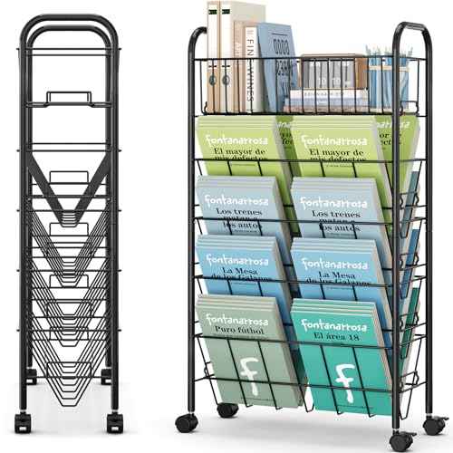 TOOLF 5 Tier Mobile Bookshelf, Metal Rolling Book Cart with Wheels, Movable Book Storage Organization for Classroom Dorm School Home, Rolling File Cart for Office Study, Black