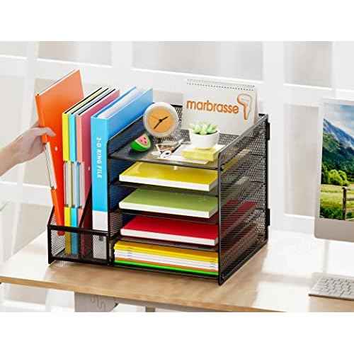 Marbrasse Desk Organizer with File Holder, 5-Tier Paper Letter Tray Organizer, Mesh Desk Organizers and Accessories with Magazine Holder, Desktop Storage for Office Supplies (Black)