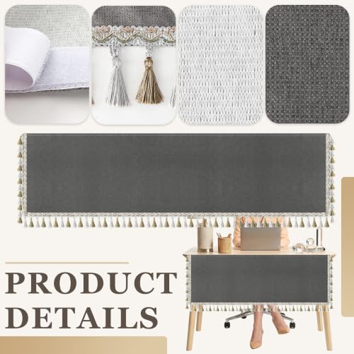 HolyMaji 48" Linen Under Desk Privacy Panel with Tassel Border – Self-Adhesive Modesty Screen (Grey)