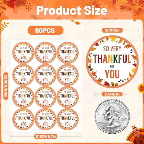 Happy Thanksgiving Stickers - 2 Inch 60PCS Fall Thank You Stickers So Very Thankful for You Sticker Fall Sticker for Adults Envelope Seals Cards Thanksgiving Party Favor Supplies (Maple Leaf)