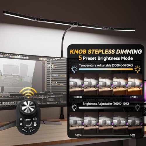 Black Adjustable LED Desk Lamp with Clamp & Remote - Wide 4-Head, Eye-Caring