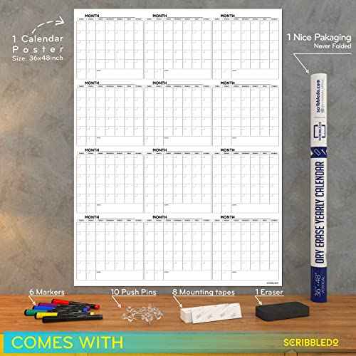 Large White Board Calendar 36"x48" Dry Erase Calendar for Wall Big Dry Erase Wall Calendar Yearly Monthly Wall Calendar Dry Erase Board Planner Includes 6 Markers Eraser Push Pins & Mounting Tape