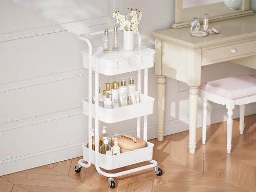 Pipishell 3 Tier Rolling Cart with Table Top, Utility Cart with Wheels & 4 Hooks, Rolling Storage Cart for Home Storage and Organization, White, PIUC09W