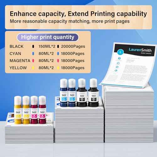 502 Ink Refill Bottles (NotSublimation) for Ecotank ET-4850 ET-3850 ET-2850 ET-3760 ET-2980 ET-2988 ET-4760 ET-2760 ET-15000 ET-2750 ET-3750 ET-3830 ET-4750 3950 4950 Printer, T502 Ink Combo 8 Packs