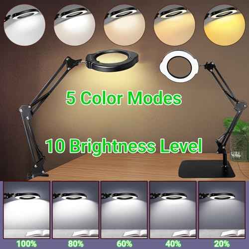 15X Magnifying Glass with Light and Stand, 5 Color Modes 10 Levels Adjustable Brightness, 2-in-1 Desk Lamp with Clamp, Hands Free LED Light Magnifier for Craft Hobby Reading Repair Close Works