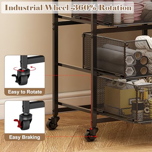 Aokitsink Black 4-Drawer Rolling Storage Cart with Wooden Top, Heavy-Duty Metal Frame