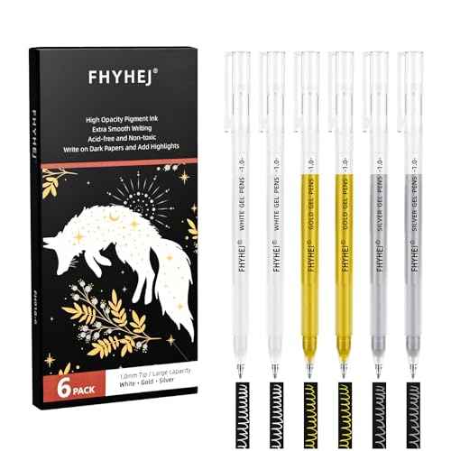 Fhyhej Gold Silver White Gel Pens,1.0mm Fine Point Gel Ink Pen Archival Ink Pens for Black Paper Drawing, Sketching, Illustration, Card Making, Bullet Journaling, 6 Pack