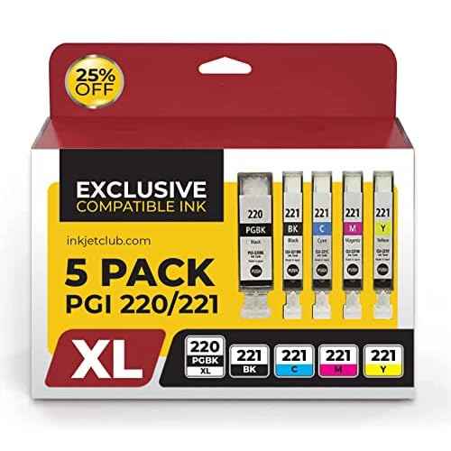 5 Pack - Canon PGi-220 and Cli-221 Ink Cartridge Value Pack. Includes 1 PGi-220 Black, 1 Cli-221 Black, 1 Cyan, 1 Magenta, and 1 Yellow Compatible Ink Cartridges.
