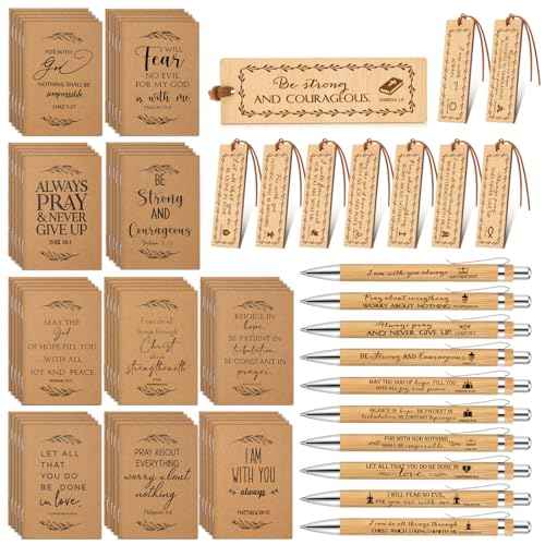Fuutreo 150 Pcs Christian Gifts Bulk 50 Bible Verse Notebook 50 Bible Bamboo Pen and Religious Bookmarks Christian Notepad Prayer Journal Gifts for Church Men Women Sunday School Teacher Pastor Clergy