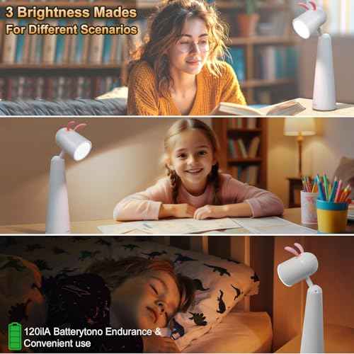 Rabbit Shape Cute Desk Lamp, Dimmable LED Desk Lamp with USB Charging Port Touch Control Eye Protection & Long Battery Life, Dorm Room Essentials Study Lamp for Table Bedroom Kid Gifts.