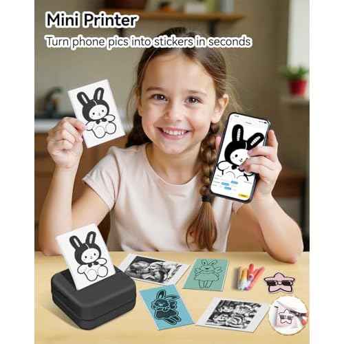 Aptika Sticker Printer - Print Pods Mini Printer with 14 Rolls Sticky Papers, Portable Sticker Maker Machine, Thermal Label Maker, Thermanote Phone Labeller for Photos Pictures Notes Graphics, Black