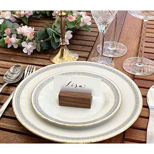 UNIQOOO 20 Pack Place Card Holders | Rustic Walnut Wood Escort Cards Display Stands | Table Number Sign and Photo Stand | Perfect for Retail Shop, Cafe, Home, Wedding, Dinner Party Events Decoration