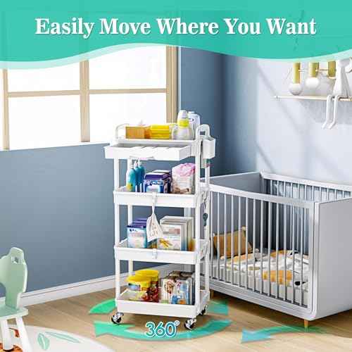 4 Tier Rolling Utility Cart with Drawer, Storage Organizer Cart with 2 Lockable Wheels, Multifunctional Rolling Storage Cart for Bathroom, Kitchen, Craft, Makeup, Baby Essentials, White
