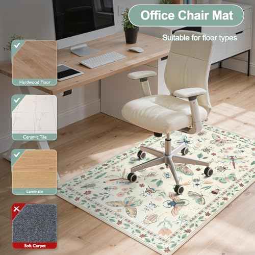Anidaroel 36"x48" Home Office Chair Mat for Hardwood Floor, Beige Under Desk Rug for Rolling Chairs, Anti-Slip Insect Print Desk Floor Mat for Offices Chair, Low Pile Office Rugs for Rolling Chairs