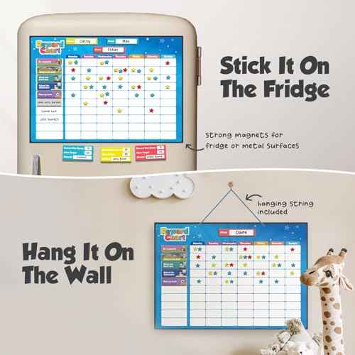 inamio Magnetic Kids Responsibility Reward Chart - Engaging 3D Stars & Chore Tasks - Behavior Chart for Home & School - Ideal for Ages 3-9, Multiple Kids