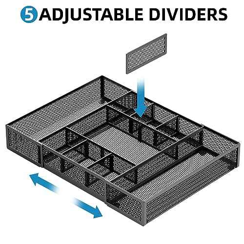 Marbrasse Expandable Desk Drawer Organizer, Mesh Drawer Organizer Tray with 10 Adjustable Compartments, Desk Organizers and Accessories for Office Supplies, Makeup & Vanity (Expandable Black-2 pack)