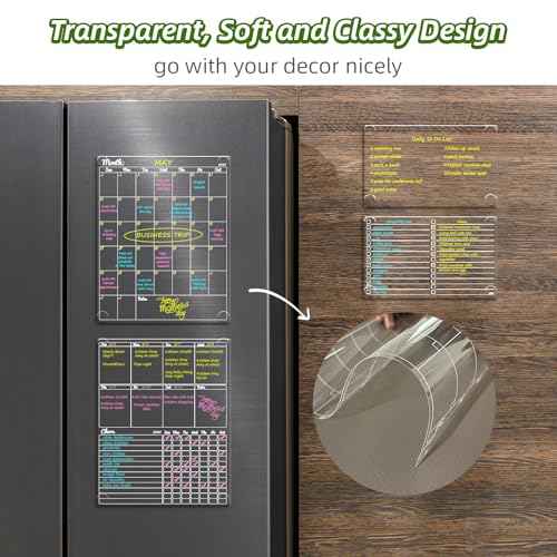 JJPRO Non-Magnetic Dry Erase Calendar - Monthly & Weekly Chart, List & Blank Board for Smooth Surfaces. Clear Reusable Calendar Sticks to Fridge, Cabinet, Door & Glass