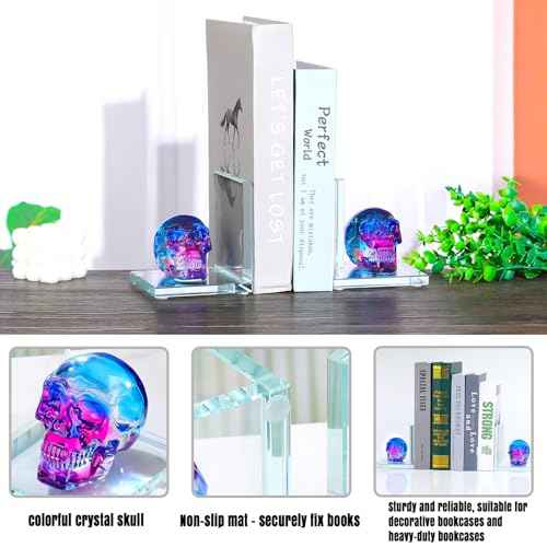 Book Ends for Shelves, Glass Bookends with Blue and Purple Crystal Skull, Day of The Dead Decor, Non Skid Sturdy Crystal Decorative Bookends for Heavy Books, Office, Set of 2