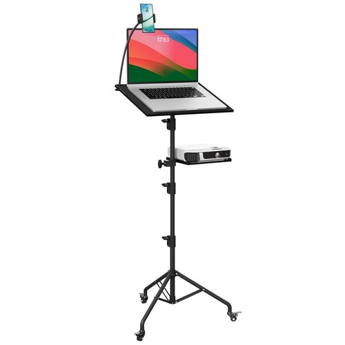 DYNAMO TECH Projector Stand Tripod Laptop Tripod with Wheels & Adjustable Height Portable Podium Stand with Phone Holder Projector Holder for Home, Office, School & DJ Matte Black