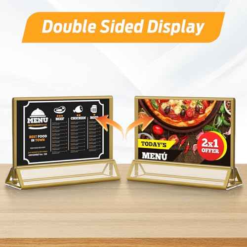 Smarpau 7x5 Gold Acrylic Sign Holder, 16 Pack Wedding Table Number Holders with Horizontal Stand, Double Sided Photo Picture Frames Stands, Flyer Stand, Paper Display Stand for Cafe, Restaurant