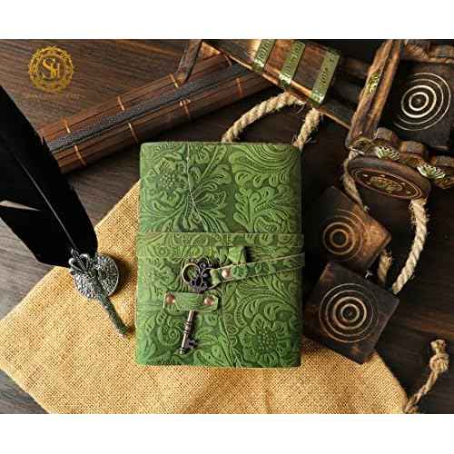 SH SHIFAA HANDICRAFT Leather Journal - Antique Handmade Deckle Edge Vintage Paper Leather Bound Journal - Book of Shadows Journal - Leather Sketchbook - Drawing Journal - Great Gift (Green) (13x10)