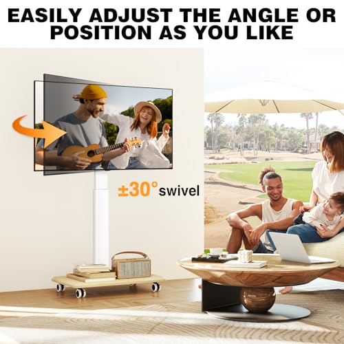 TVON 32-70 inch Rolling TV Stand with Wooden Base, White (Swivel 30°, 9-Height, Cable Management)