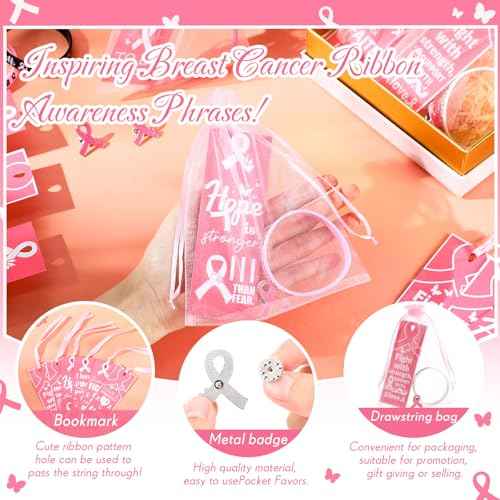XunYee 240 Pcs Breast Cancer Awareness Items Set Pink Ribbon Silicone Wristband Bracelets with Pins Bookmarks Cancer Awareness Accessories Bulk Gifts for Women Charity Events