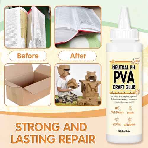 PH Neutral PVA Glue 8.5 Oz, Archival Quality Acid-Free PVA Adhesive, Dries Clear and Remains Flexible Book Binding Glue for Paper Crafts, Framing, Collages (8.5Oz)