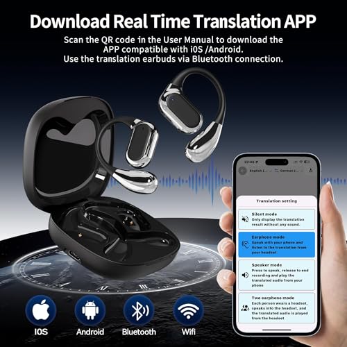 AI Translation Earbuds Real-Time, Wireless Earbuds 144 Languages & Accents, LCD Touch Screen Earbuds OWS Bluetooth Headphones Translator Earbuds for Travel Business Learning (Black)