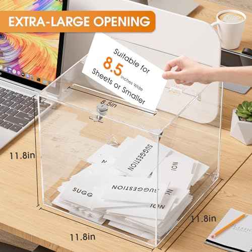 MaxGear Acrylic Donation Box with Lock 1 Pack, 11.8"x11.8"x11.8" Large Ballot Suggestion Box, Square Case for Fundraising, Donations