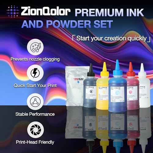 5 * 250ML Inks and 500g White DTF Powder Combo, 1.25L Premium Anti-Nozzle Clogging DTF Ink, White Powder for PET Transfer, CMYKW Inks for DTF Printers(Compatible with All Print Heads)