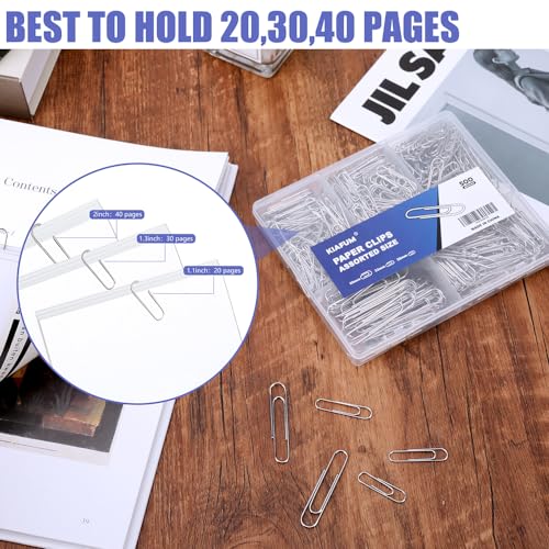 KIAFUM Assorted Paper Clips 500 Pcs - Rustproof Premium Stainless Steel Clips (Small, Medium, Large)