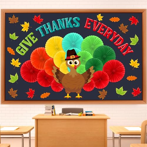 Pajean 65 Pcs Thanksgiving Classroom Decorations Thanksgiving Turkey Bulletin Board Set 3D Fall Turkey Classroom Decoration with Paper Fans for Thanksgiving Autumn Harvest School Chalkboard Wall Decor