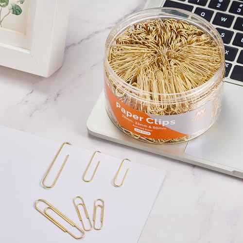 NEEWAY 500pcs Gold Paper Clips Assorted Sizes Small, Medium and Large Paperclips for Paperwork Ideal for Home, School and Office Use