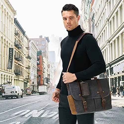 Messenger Bag for Men, Waterproof Genuine Leather Waxed Canvas Briefcase 15.6 Inch Laptop Larger Shoulder Bag with Key Bag
