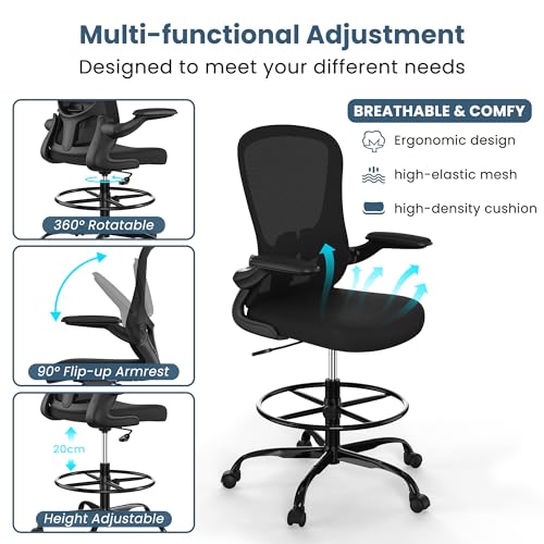 Silybon Tall Drafting Chair with Flip-Up Armrests, Lumbar Support & Adjustable Footrest (Black)