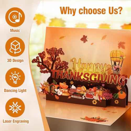 D4DREAM Musical Thanksgiving Card with Light - 3D Fall Pop Up Thanksgiving Cards and Envelopes for Adults Kids Boyfriend Girlfriend Autumn Party Decor