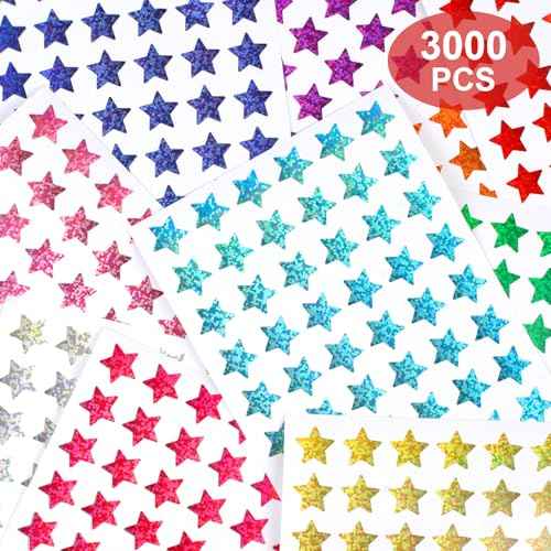 3000 PCS Star Stickers, 0.6" Sparkly Holographic Stickers, Kids Rewards Holographic Colors Sticker, Foil Star Sticker for Behavior Chart, Student Planner, School Classroom Teacher Supplies, DIY