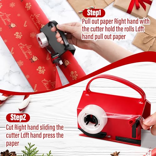 2 Pack Wrapping Paper Cutter & Tape Dispenser, Dual Use Christmas Gift Wrap Cutter Slider Tool with 4 Tapes & 2 Replaceable Blades for Holiday & Birthday Wrapping Paper Roll, Red and Black