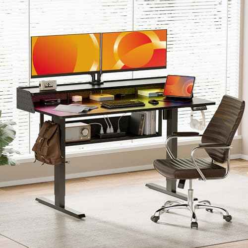 ErGear Standing Desk, 48" x 24" Electric Height Adjustable Desk with Storage Shelves, C-Clamp Mount Compatible Gaming Desk, Ergonomic Sit Stand Up Down Computer Table with LED Light for Home, Black