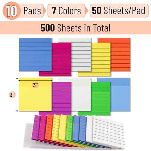 Mr. Pen- Transparent Sticky Notes, 3"x3", 10 Pads, 7X Lined, 3X Blank, 500 Sheets, Vibrant Colors, Lined Transparent Sticky Notes Lines, Back to School Supplies