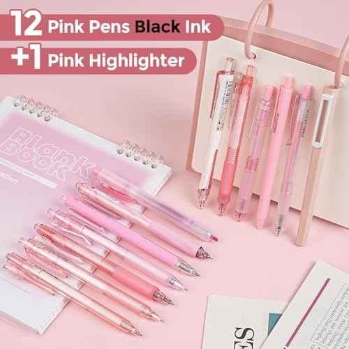 Nicpro 13 Pack Pink Gel Pens Set, Fine Tip Black Ink Pen with 1 Highlighter, Cute Pen for Journaling, Back to School Office Supplies for Teacher Student Gift, Pink Desk Accessories for Girl Stationery