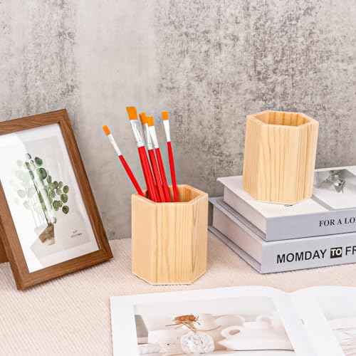 18 Pack Hexagon Unfinished Wooden Pencil Holder, 3 x 3 x 4 Inch Wood Pencil Cup Holder, Wood Crafts Pencil Cup for Desk, Office, DIY Project
