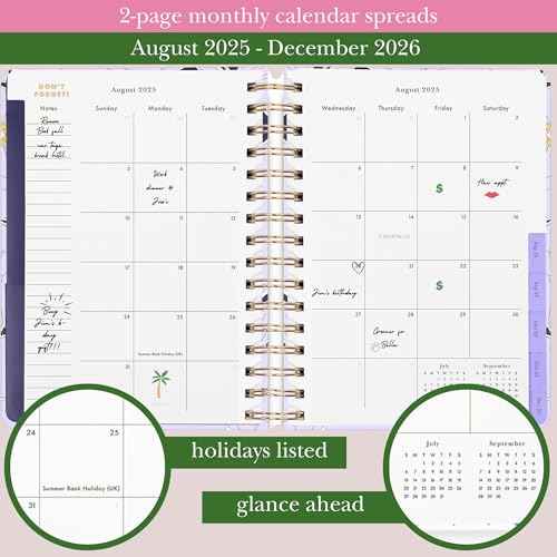kate spade new york Daily Planner 2025-2026 Large Agenda August 2025-December 2026, Hardcover Weekly and Monthly Spiral Planner with Stickers (Coastal Garden)