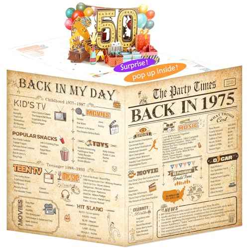 50th Birthday Card for Men Women, 3D Pop Up 50th Birthday Gifts Cards for Him Her, Back In 1975 Funny 50 Year Old Birthday Decorations, Classy Vintage