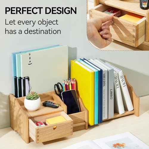 KIRIGEN Desktop Adjustable Organizer Storage Book Shelf with Drawer Wooden Desk Bookcase Workplace Storage Station Expandable Book Rack Fully Assembled SSSJ-S-NA