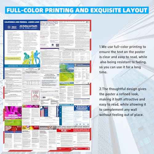 2025 California State and Federal Labor Laws Poster - English Version - OSHA Workplace Compliant - UV Waterproof Laminated 24" x 36" - Mandatory Regulations Posting for Employees